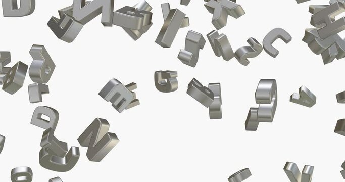 The letters in motion. A lot of alphabet letters in motion on a white background. Footage 4K video