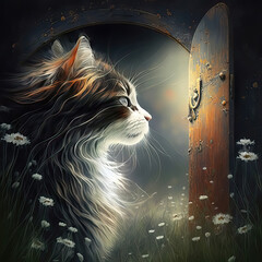 AI generated Fantasy portrait of a beautiful cat in front of a door