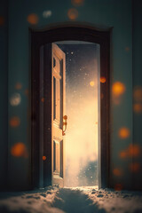 AI generated Girl coming out of the door at winter night. 