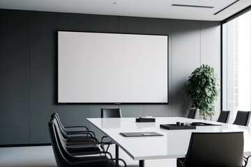 Large blank screen in the office meeting room , modern interior. Table, chair seats, presentation display, window. Mock-up template.	
