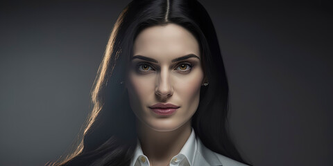 caucasian young woman with crystal clear beautiful eyes, dressed with a white business suit