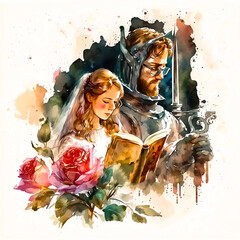 AI generated illustration of a princess and knight with a rose. Sant jordi tradition in Catalonia