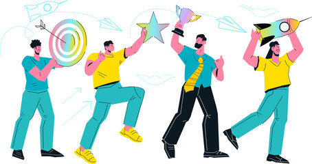 Purposeful efficient business team moving towards goals and success. Teamwork efficiency and business initiative, entrepreneurship and startup.