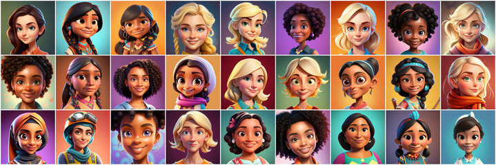 Female avatar set. Collection of portraits of women cartoon characters. Various nationality. African American, redhead, blonde, brunette, illustration in cartoon style, - Post-processed Generative AI