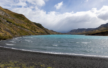 View on a huge lake in Torres del Paine National Park
