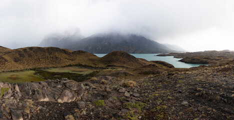 Fototapeta na wymiar Misty morning in Torres del Paine National Park