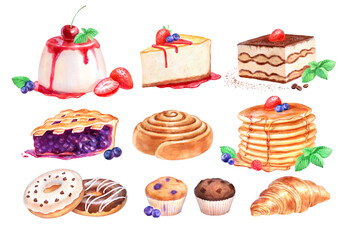 Hand painted watercolor illustration set of Desserts on white background