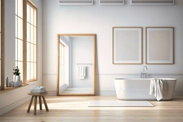 bath room, large blank frame, light wood frame, white minimal style inside studio, white walls, overexposed, interior design idea - Generative AI
