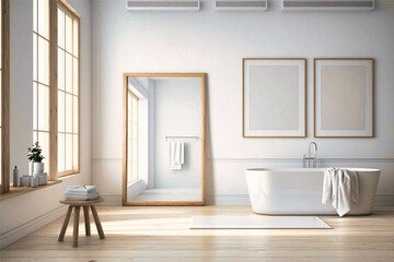 Fototapeta premium bath room, large blank frame, light wood frame, white minimal style inside studio, white walls, overexposed, interior design idea - Generative AI
