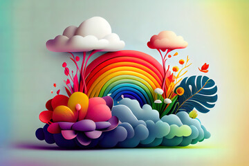 Amazing Colorful surreal rainbow illustration, floral composition on soft background. Generative Ai