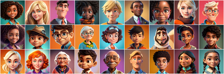 Set of avatars of happy people of different races and ages. Portraits of men and women and children. Human Emotions. Illustration in cartoon style, - Post-processed Generative AI