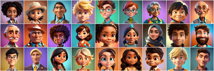 Set of avatars of happy people of different races and ages. Portraits of men and women and children. Human Emotions. Illustration in cartoon style, - Post-processed Generative AI