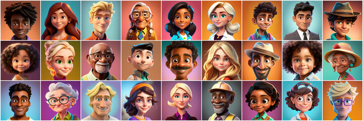 Set of avatars of happy people of different races and ages. Portraits of men and women and children. Human Emotions. Illustration in cartoon style, - Post-processed Generative AI