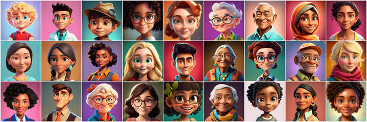 Set of avatars of happy people of different races and ages. Portraits of men and women and children. Human Emotions. Illustration in cartoon style, - Post-processed Generative AI