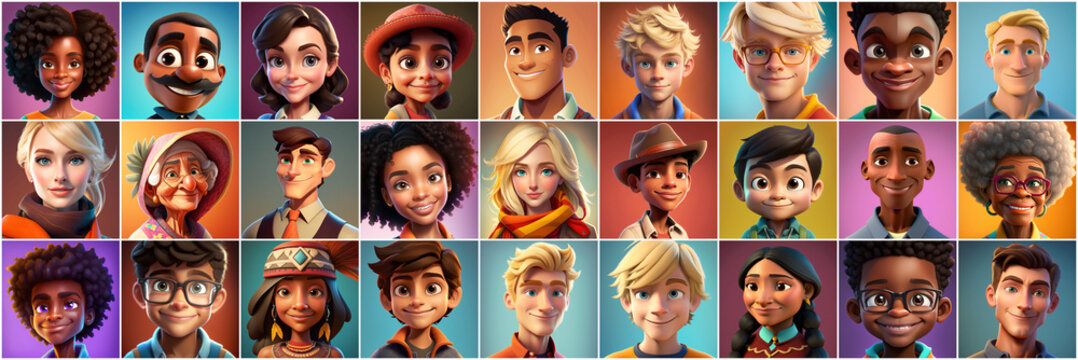 Set of avatars of happy people of different races and ages. Portraits of men and women and children. Human Emotions. Illustration in cartoon style, - Post-processed Generative&nbsp;AI