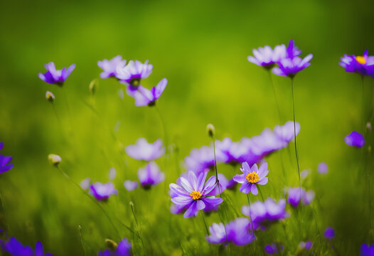 Beautiful violet flowers, spring time, field with green grass and sunny blue sky. Created with Generative AI