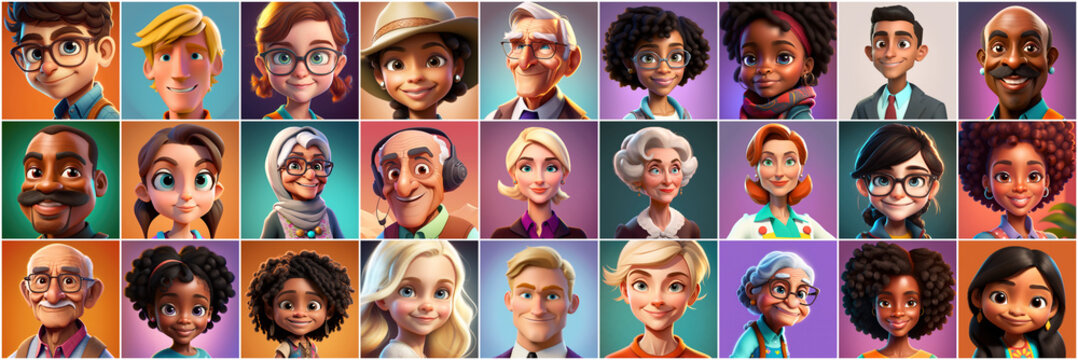 Set of avatars of happy people of different races and ages. Portraits of men and women and children. Human Emotions. Illustration in cartoon style, - Post-processed Generative&nbsp;AI