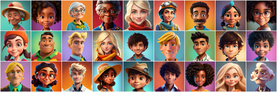 Set of avatars of happy people of different races and ages. Portraits of men and women and children. Human Emotions. Illustration in cartoon style, - Post-processed Generative&nbsp;AI