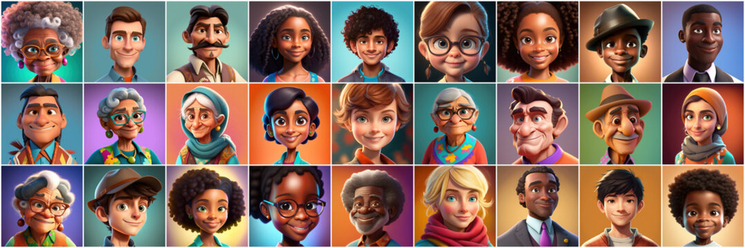 Set of avatars of happy people of different races and ages. Portraits of men and women and children. Human Emotions. Illustration in cartoon style, - Post-processed Generative&nbsp;AI