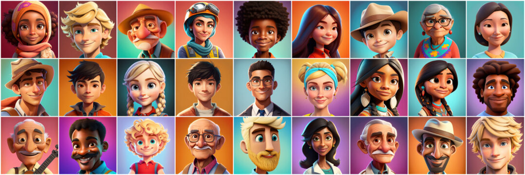 Set of avatars of happy people of different races and ages. Portraits of men and women and children. Human Emotions. Illustration in cartoon style, - Post-processed Generative&nbsp;AI
