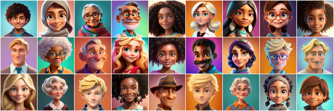 Set of avatars of happy people of different races and ages. Portraits of men and women and children. Human Emotions. Illustration in cartoon style, - Post-processed Generative&nbsp;AI