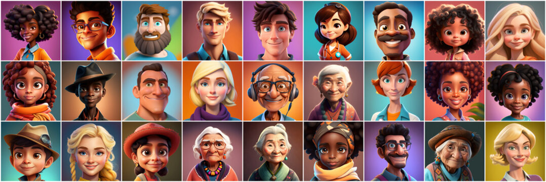 Set of avatars of happy people of different races and ages. Portraits of men and women and children. Human Emotions. Illustration in cartoon style, - Post-processed Generative AI