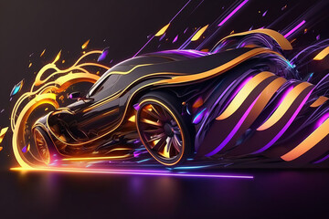 Speed motion Neon 3d render abstract, colorful glowing in ultraviolet spectrum, Car shape, Futuristic speed concept, created with Generative AI