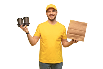 Portrait of delivery man in yellow uniform with paper packet and takeaway coffee isolated over transparent background
