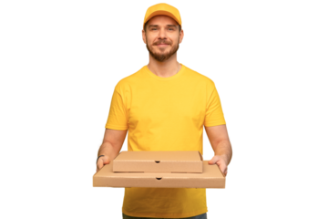 Portrait of young delivery man in yellow uniform with pizza boxes isolated over transparent background