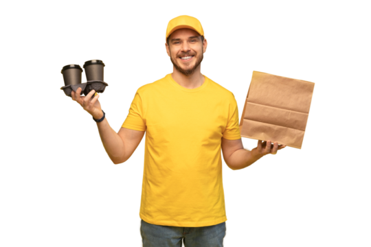 Portrait of delivery man in yellow uniform with paper packet and takeaway coffee isolated over transparent background
