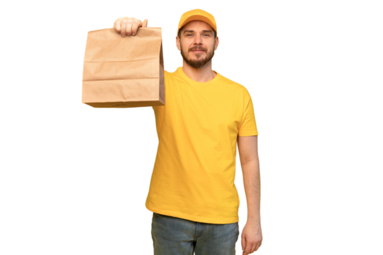 Portrait of delivery man in yellow uniform with paper packet isolated over transparent background