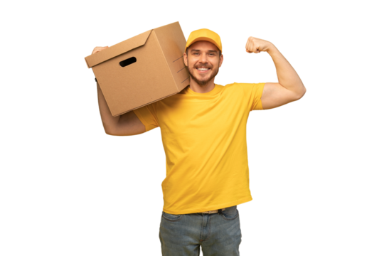 Portrait of excited delivery man in yellow uniform holding paper box isolated over transparent background - Powered by Adobe