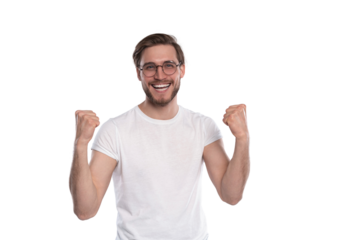 Happy winner. Happy young handsome man gesturing and keeping mouth open while standing against transparent background