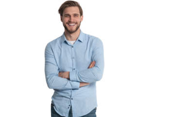 Portrait of a smart young man standing against transparent background