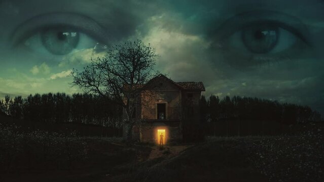Spooky Old House Eyes Lurking Man Haunted Forest Zoom In Scary Scene. Face in the sky observes a man in spooky house in the forest. Zoom in