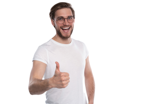 Happy man giving thumbs up sign isolated on transparent background