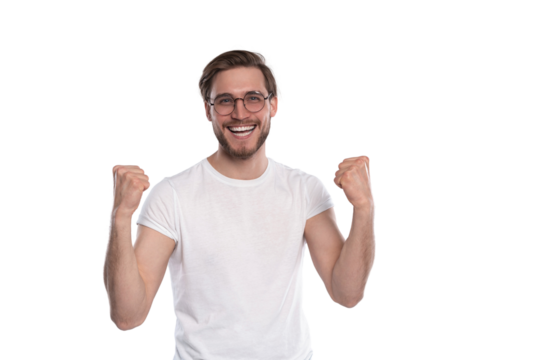 Happy winner. Happy young handsome man gesturing and keeping mouth open while standing against transparent background