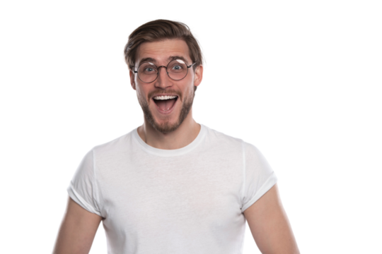 Attractive young bearded man looks with astonishment into camera, being amazed with news. Emotional hipster guy expresses surprisment, doesn`t believe his eyes. Transparent background