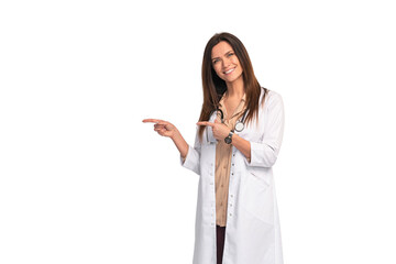 Smiling medical doctor woman with stethoscope. Isolated over transparent background.  - 579806109