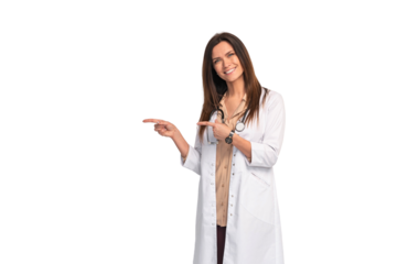 Smiling medical doctor woman with stethoscope. Isolated over transparent background.