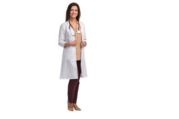 Smiling medical doctor woman with stethoscope. Isolated over transparent background. 