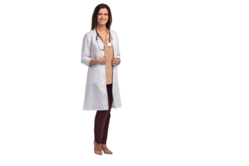 Smiling medical doctor woman with stethoscope. Isolated over transparent background. 