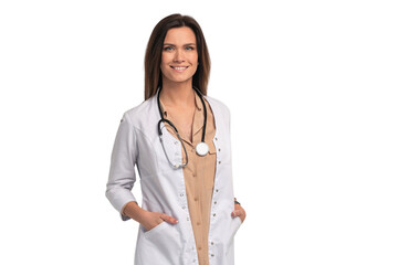 Smiling medical doctor woman with stethoscope. Isolated over transparent background.  - 579806129