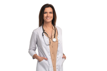 Smiling medical doctor woman with stethoscope. Isolated over transparent background.