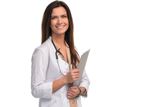 Smiling medical doctor woman with stethoscope. Isolated over transparent background. 