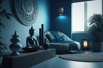 Meditation space: Blue interior with Buddha and other stuff in a calm atmosphere | Generative AI Production