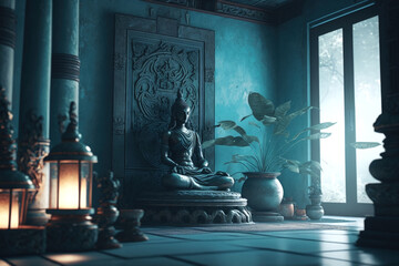 Meditation space: Blue interior with Buddha and other stuff in a calm atmosphere | Generative AI Production