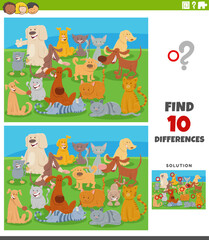 differences game with cartoon cats and dogs characters