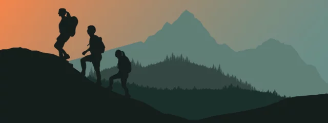 Fototapeten Silhouette of hikers mountains forest woods in the morning, landscape panorama illustration icon vector for logo, hike hiking adventure travel background © Corri Seizinger