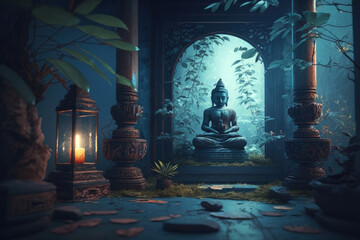 Fototapeta na wymiar Meditation space: Blue jungle interior with Buddha, bonsai, and other stuff in a calm atmosphere | Generative AI Production
